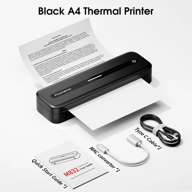 Inkless Printer M832 Portable Printer Wireless Bluetooth Thermal Printer Support Letter A4 5-Size Thermal Paper Mobile Printer