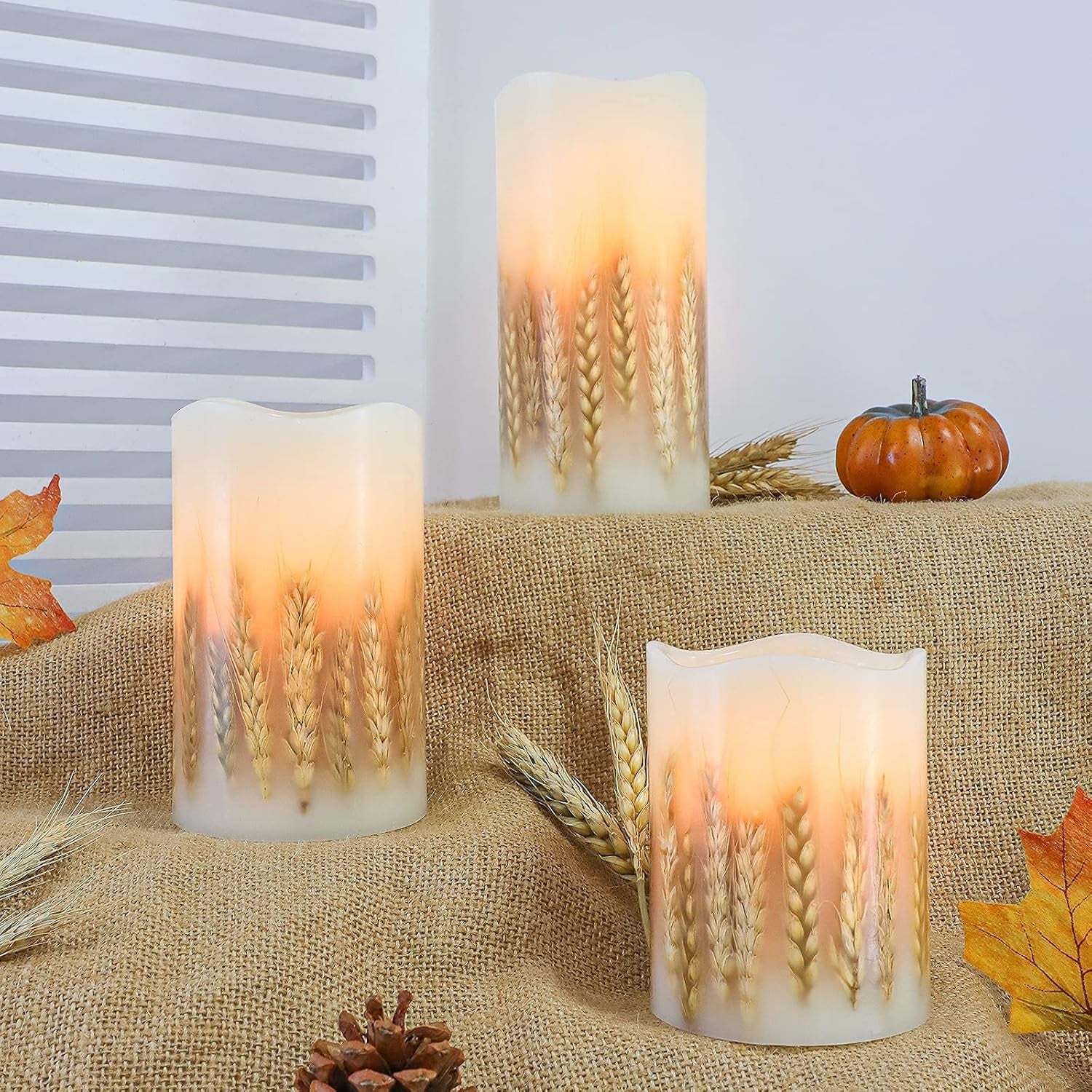 Flickering Flameless Candles with Remote, Battery Operated Wheat Embedded LED Candles, Real Wax Pillar Candles for Fall Christmas Bedroom Wedding Decoration, D3 X H4 5&quot; 6&quot; Set of 3