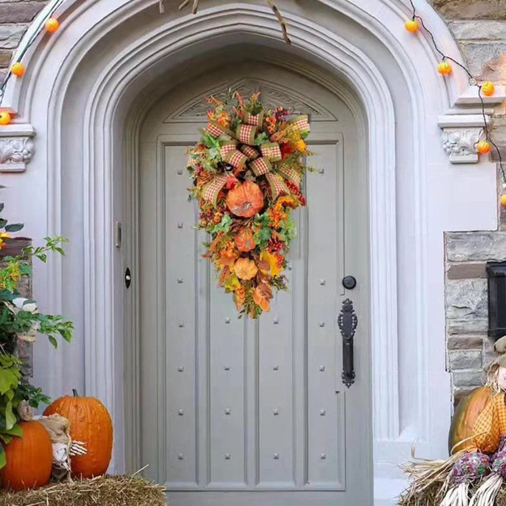 Artificial Fall Maple Swag, Decorative Teardrop Swag with Autumn Leave,Pumpkin, Berry Clusters,Bowtie Garland for Autumn Wedding Door Fireplace Thanksgiving Dinner Party