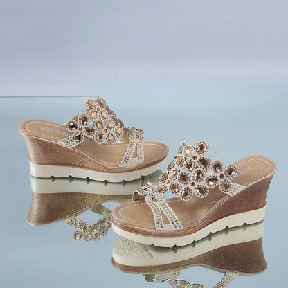 Rhinestone Platform Sandals And Slippers With Slope Heels