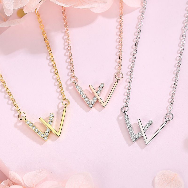 Letter W Necklace For Women Girls Stainless Steel Cubic Zirconia Clavicle Chain Necklaces Luxury Crystal Jewerly collier femme