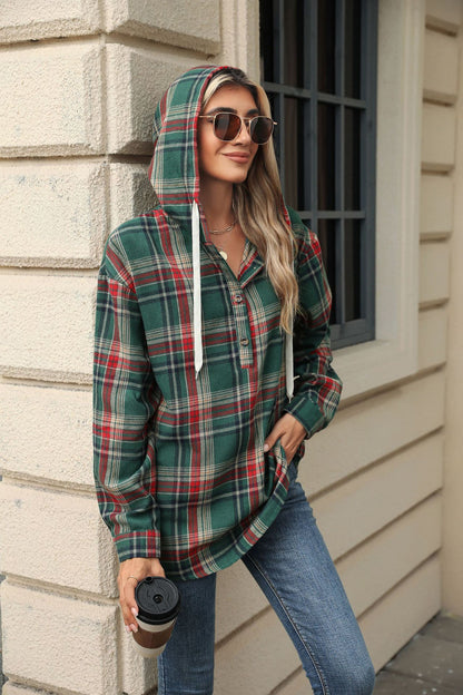 Fashion Plaid Print Hooded Sweatshirt With Button Loose Long Sleeve Hoodies Leisure Sports Top For Womens Clothing