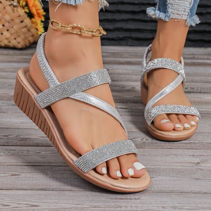 Fashion Rhinestone Wedge Sandals Bohemian Ethnic Style Open Toe Summer Vacation Roman Shoes For Women - Smith&