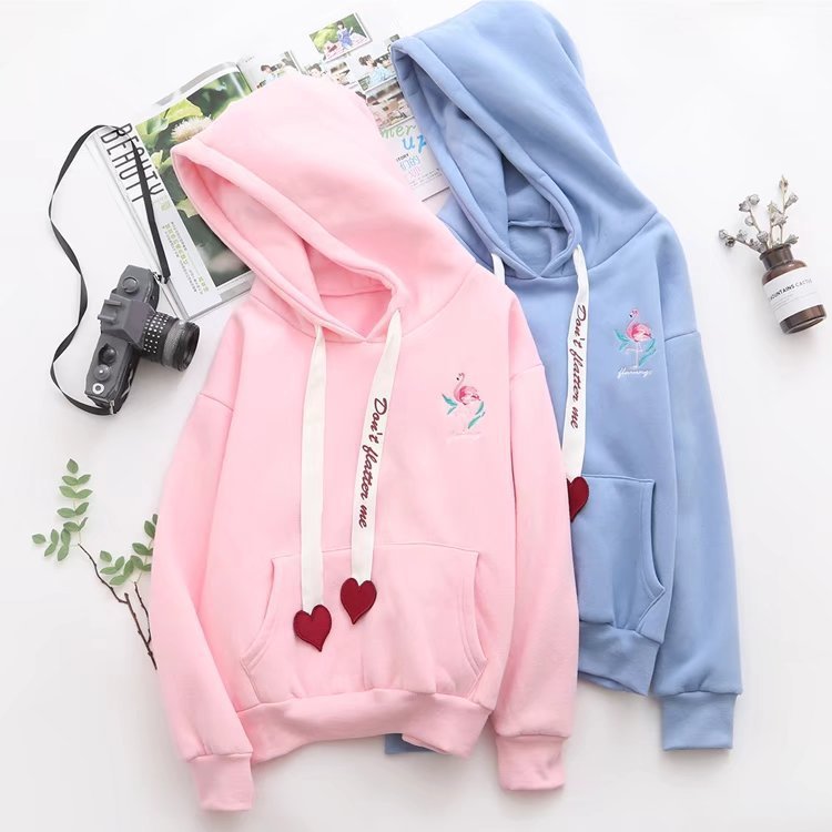 Printed And Velvet Flamingo Love Hooded Sweatshirt