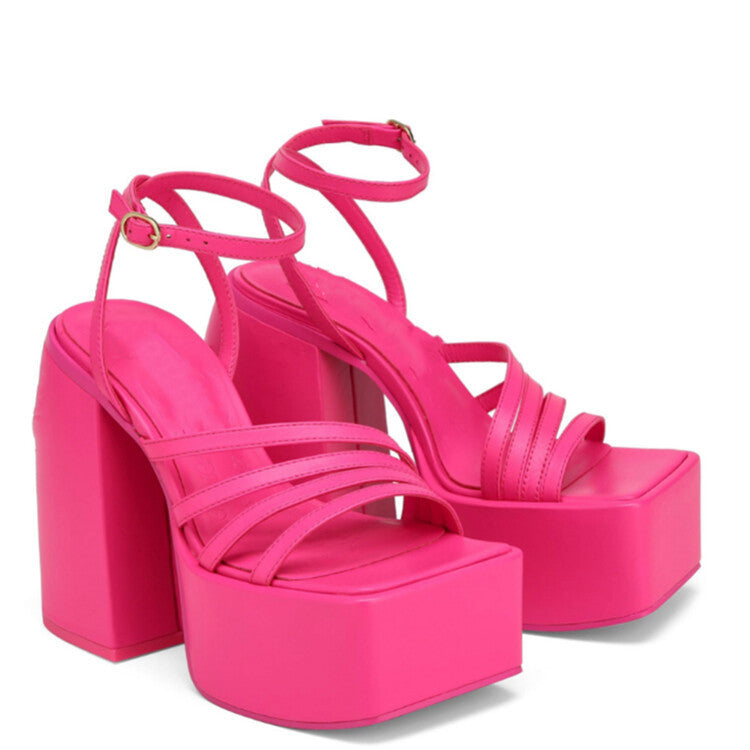 Square Toe Platform One-Line Solid Color Chunky Heeled High Heel Sandals