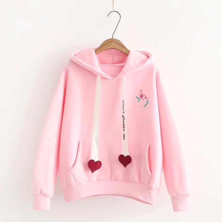 Printed And Velvet Flamingo Love Hooded Sweatshirt