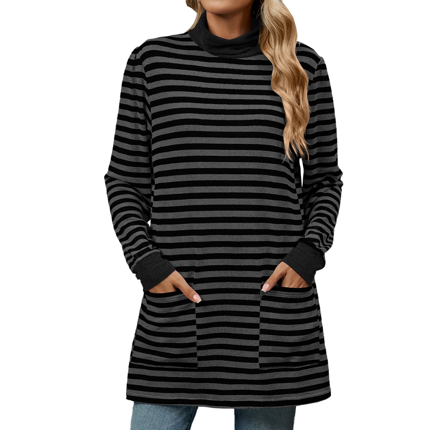 Fashion Striped Print Long Sweatshirt With Pocket Loose Long Sleeve Pullover T-shirt Top For Womens Clothing