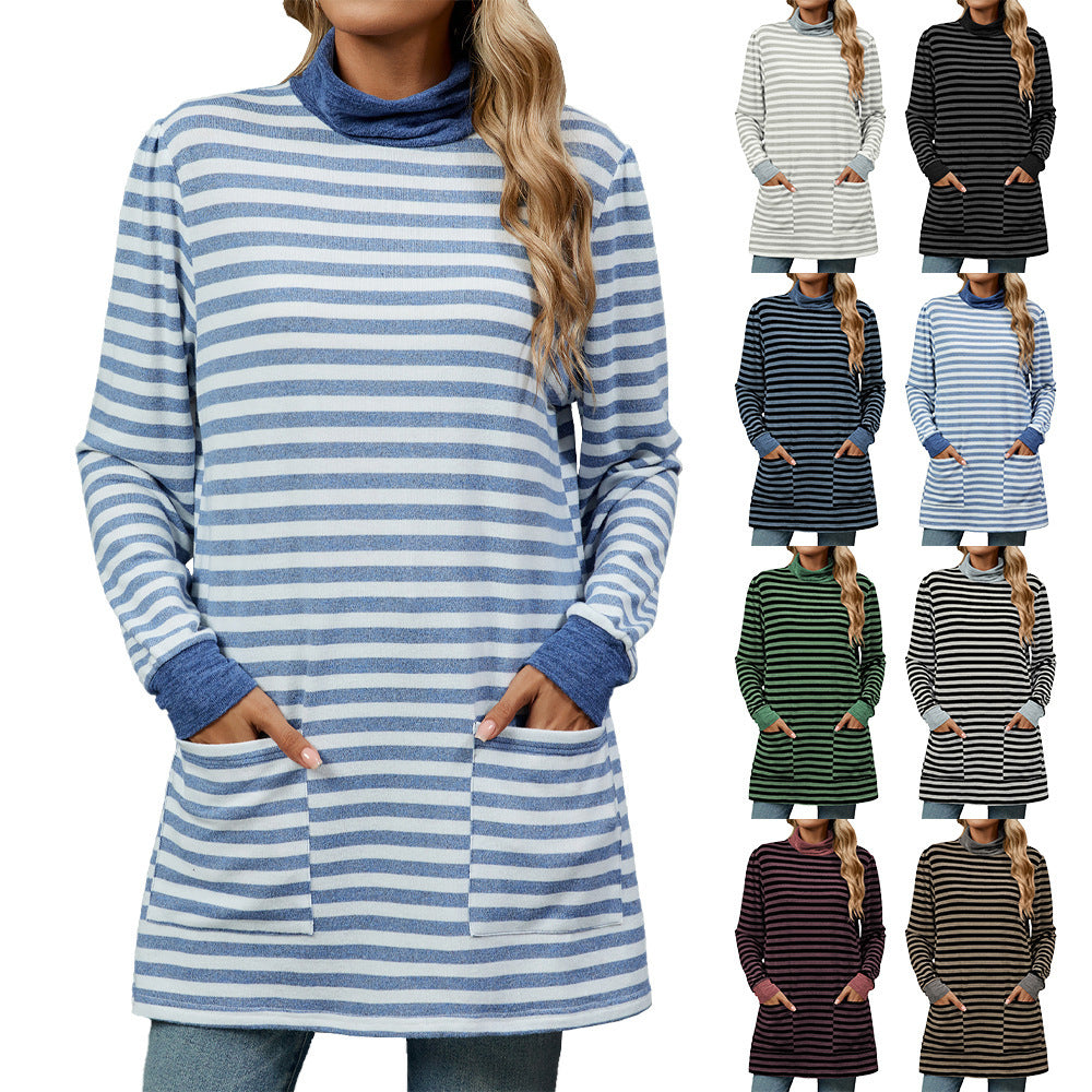 Fashion Striped Print Long Sweatshirt With Pocket Loose Long Sleeve Pullover T-shirt Top For Womens Clothing