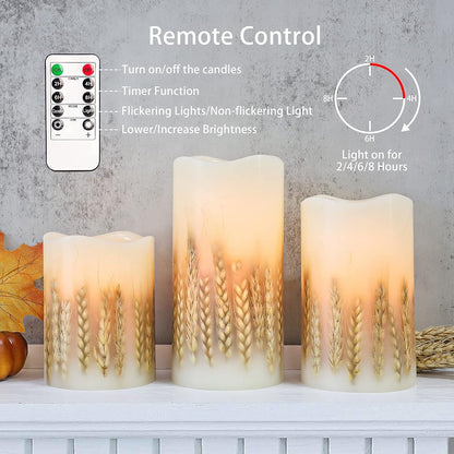 Flickering Flameless Candles with Remote, Battery Operated Wheat Embedded LED Candles, Real Wax Pillar Candles for Fall Christmas Bedroom Wedding Decoration, D3 X H4 5&quot; 6&quot; Set of 3