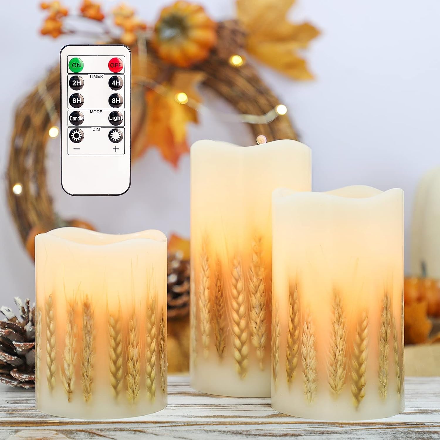 Flickering Flameless Candles with Remote, Battery Operated Wheat Embedded LED Candles, Real Wax Pillar Candles for Fall Christmas Bedroom Wedding Decoration, D3 X H4 5&quot; 6&quot; Set of 3