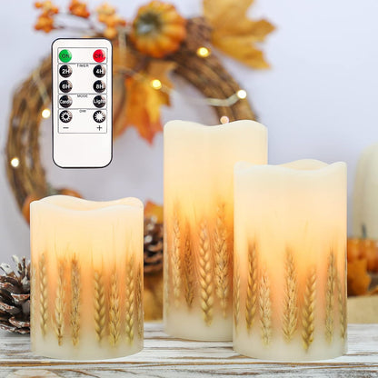 Flickering Flameless Candles with Remote, Battery Operated Wheat Embedded LED Candles, Real Wax Pillar Candles for Fall Christmas Bedroom Wedding Decoration, D3 X H4 5&quot; 6&quot; Set of 3