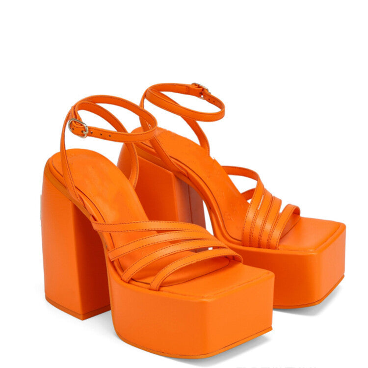 Square Toe Platform One-Line Solid Color Chunky Heeled High Heel Sandals