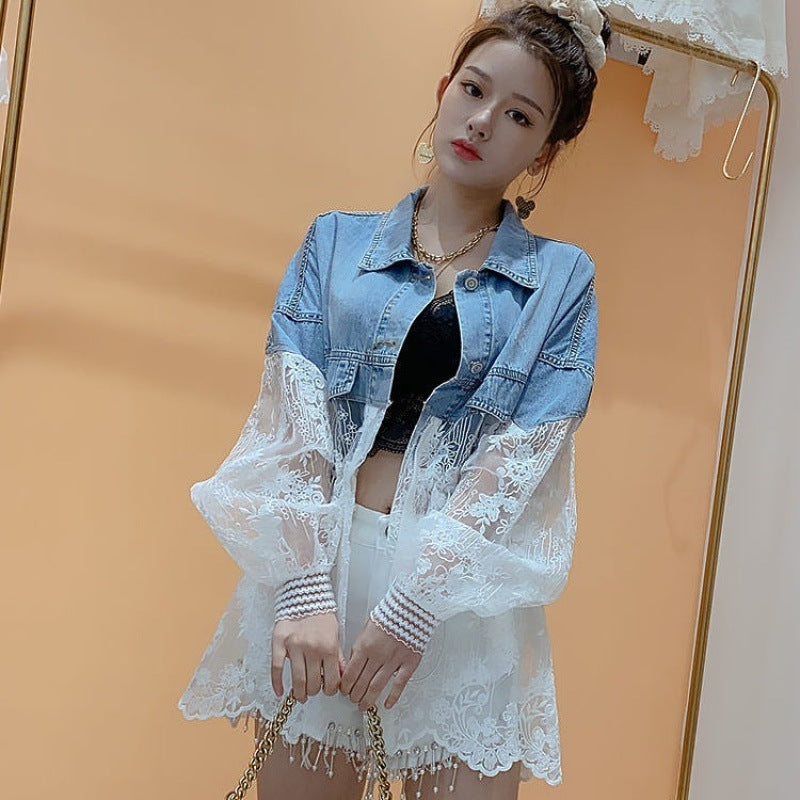 Thin Jean Stitching Embroidery Lace Loose Versatile Casual Coat