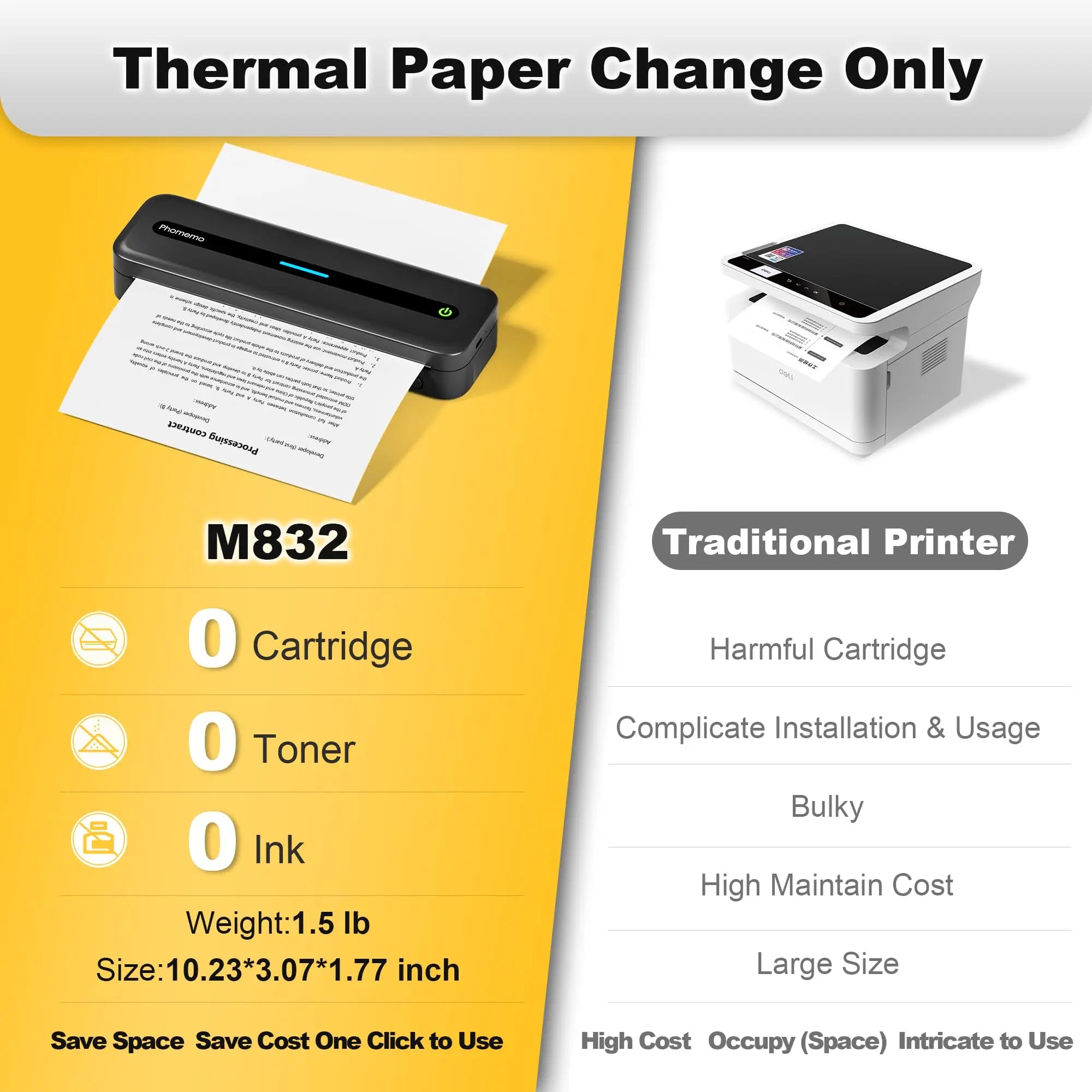 A4 Inkless M832 BT Wireless 300DPI Rechargeable Thermal Printer