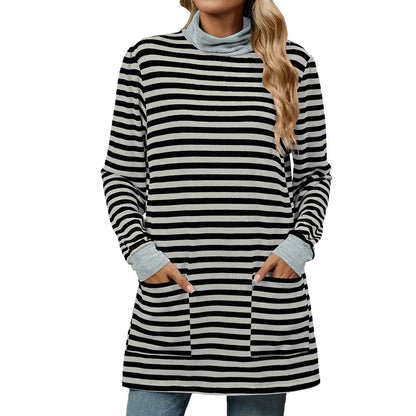 Fashion Striped Print Long Sweatshirt With Pocket Loose Long Sleeve Pullover T-shirt Top For Womens Clothing