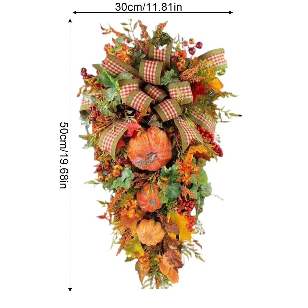 Artificial Fall Maple Swag, Decorative Teardrop Swag with Autumn Leave,Pumpkin, Berry Clusters,Bowtie Garland for Autumn Wedding Door Fireplace Thanksgiving Dinner Party