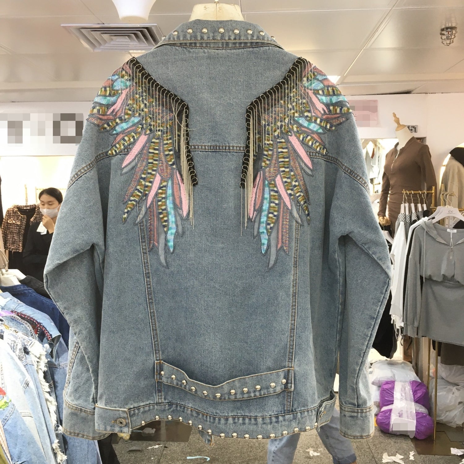 Loose Look Skinny Wing Embroidered Fringe Jean Coat