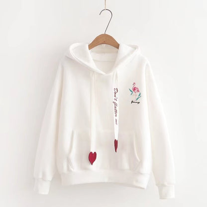 Printed And Velvet Flamingo Love Hooded Sweatshirt