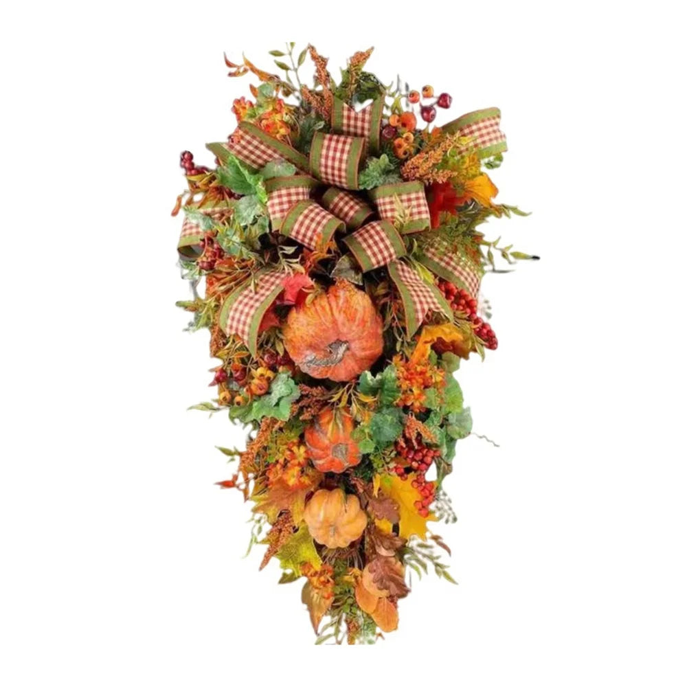 Artificial Fall Maple Swag, Decorative Teardrop Swag with Autumn Leave,Pumpkin, Berry Clusters,Bowtie Garland for Autumn Wedding Door Fireplace Thanksgiving Dinner Party