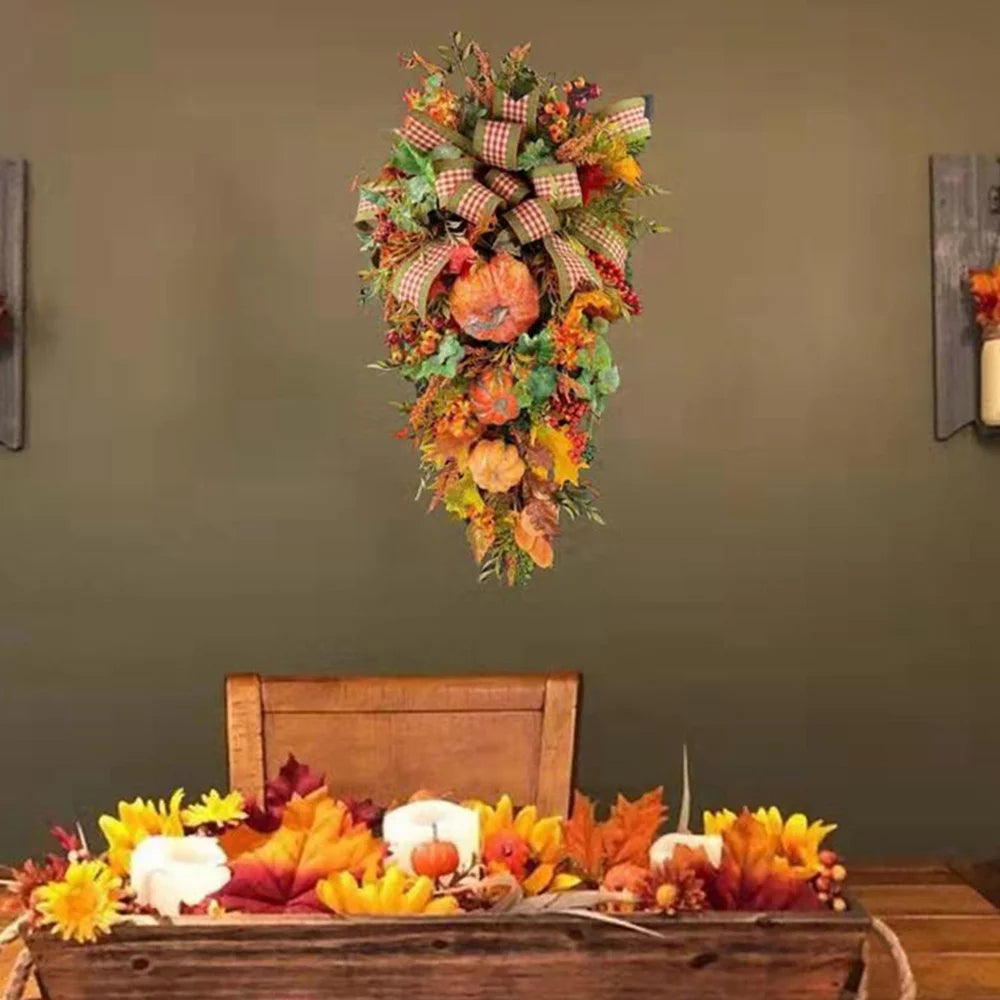 Artificial Fall Maple Swag, Decorative Teardrop Swag with Autumn Leave,Pumpkin, Berry Clusters,Bowtie Garland for Autumn Wedding Door Fireplace Thanksgiving Dinner Party