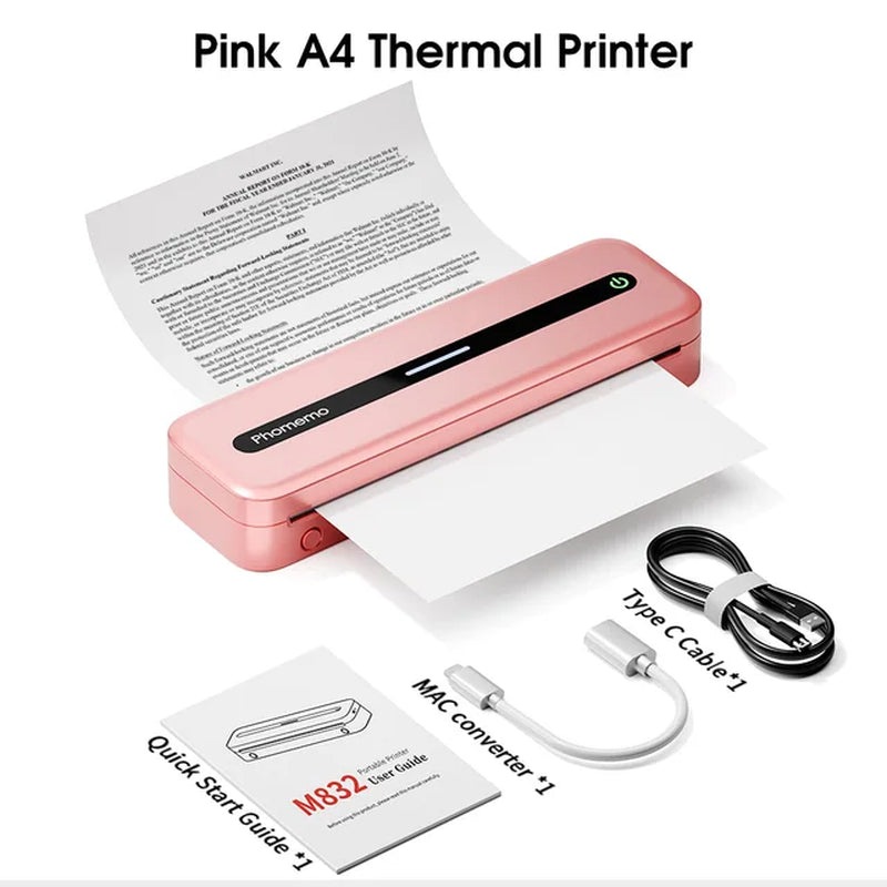 Inkless Printer M832 Portable Printer Wireless Bluetooth Thermal Printer Support Letter A4 5-Size Thermal Paper Mobile Printer