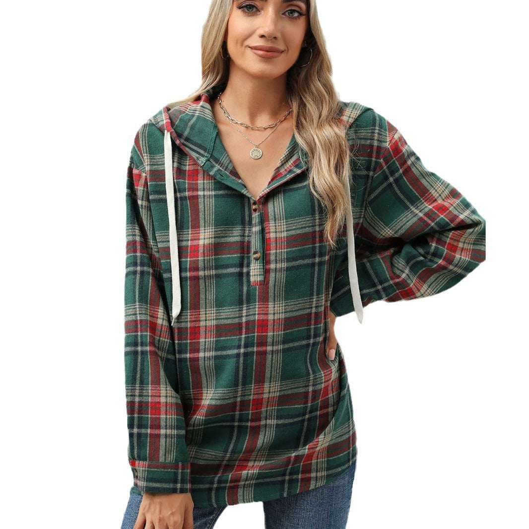 Fashion Plaid Print Hooded Sweatshirt With Button Loose Long Sleeve Hoodies Leisure Sports Top For Womens Clothing