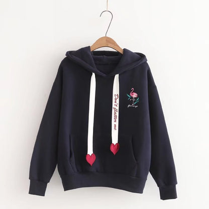 Printed And Velvet Flamingo Love Hooded Sweatshirt