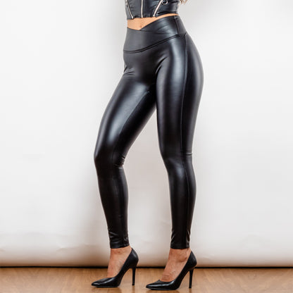 Shascullfites Melody X Cross Matt Black High Waist Leather V Shape Leather Leggings - Smith&