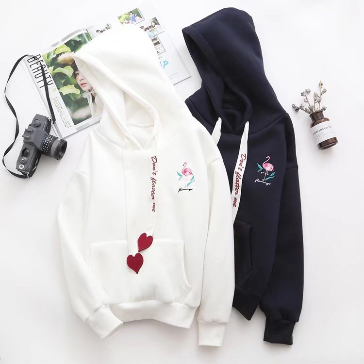 Printed And Velvet Flamingo Love Hooded Sweatshirt