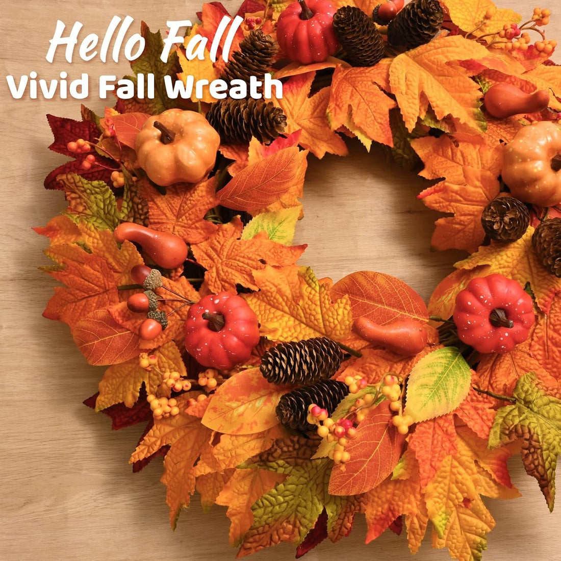 22 Inch Lighted Fall Wreaths for Front Door Fall Decor, Pumpkins Maple Leaf Autumn Wreath with Pinecones Thanksgiving Fall Decorations for Home