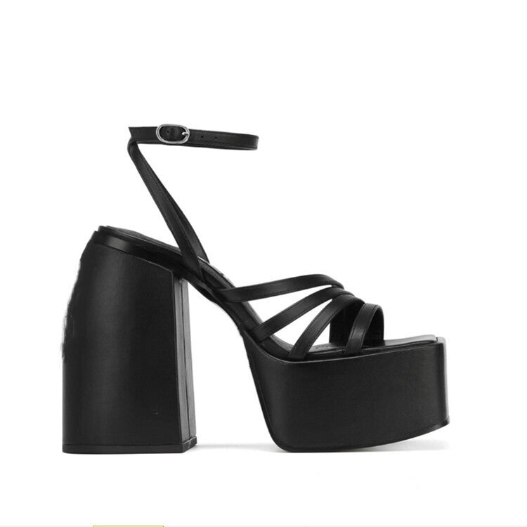 Square Toe Platform One-Line Solid Color Chunky Heeled High Heel Sandals