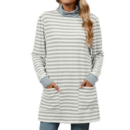 Fashion Striped Print Long Sweatshirt With Pocket Loose Long Sleeve Pullover T-shirt Top For Womens Clothing