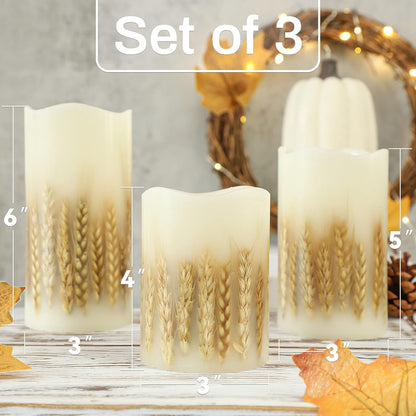 Flickering Flameless Candles with Remote, Battery Operated Wheat Embedded LED Candles, Real Wax Pillar Candles for Fall Christmas Bedroom Wedding Decoration, D3 X H4 5&quot; 6&quot; Set of 3