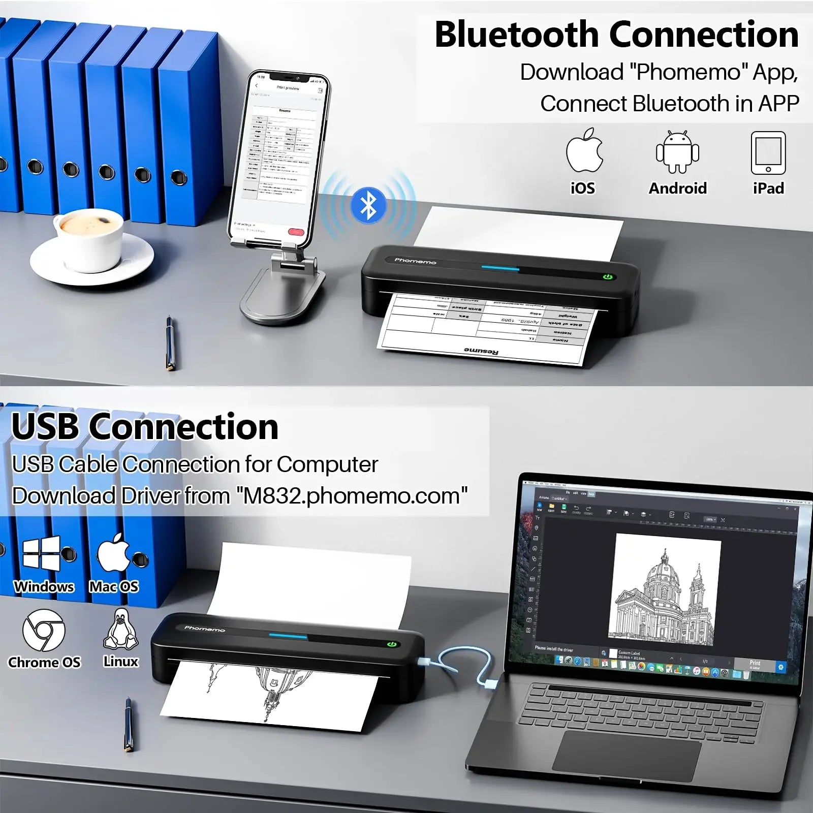 Inkless Printer M832 Portable Printer Wireless Bluetooth Thermal Printer Support Letter A4 5-Size Thermal Paper Mobile Printer