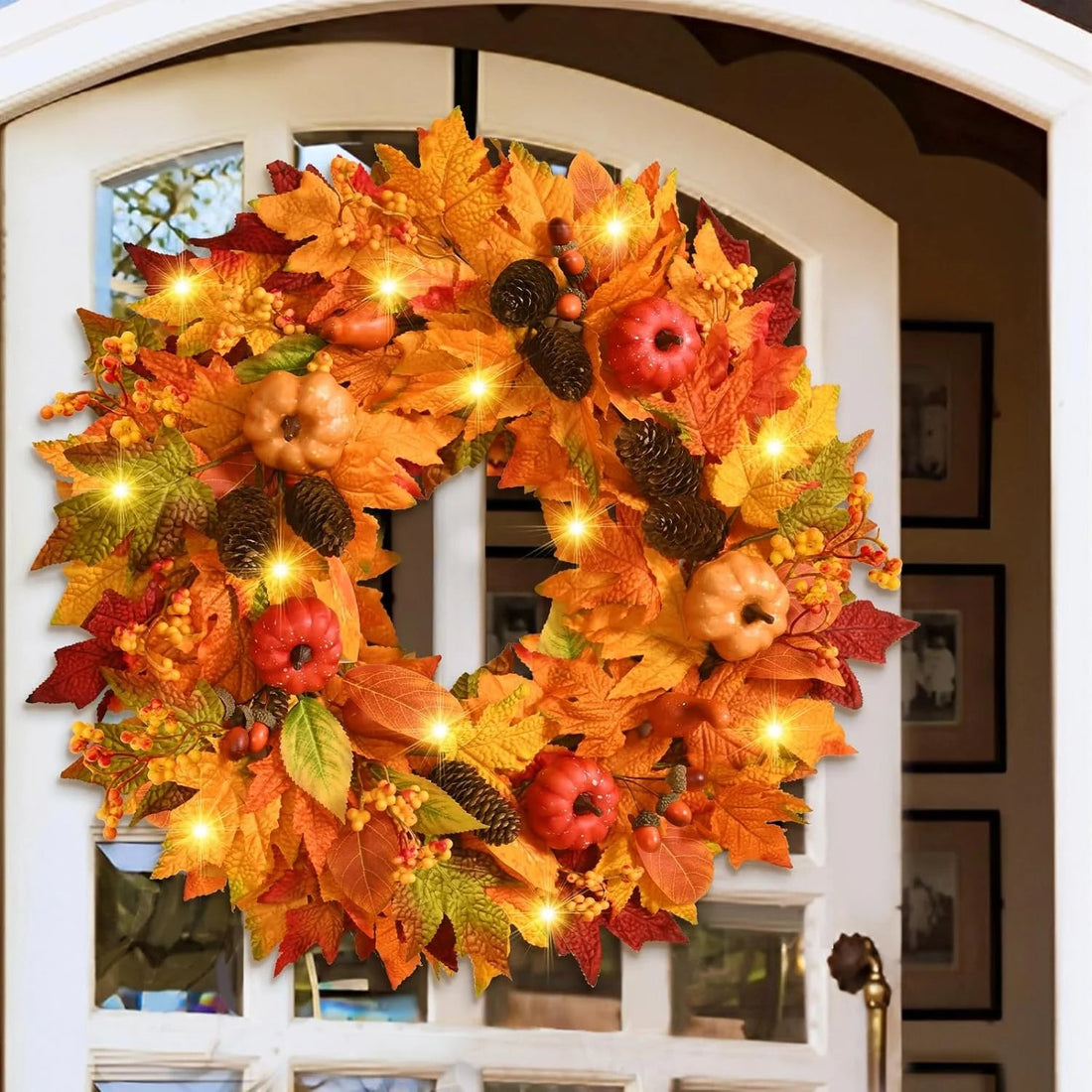 22 Inch Lighted Fall Wreaths for Front Door Fall Decor, Pumpkins Maple Leaf Autumn Wreath with Pinecones Thanksgiving Fall Decorations for Home