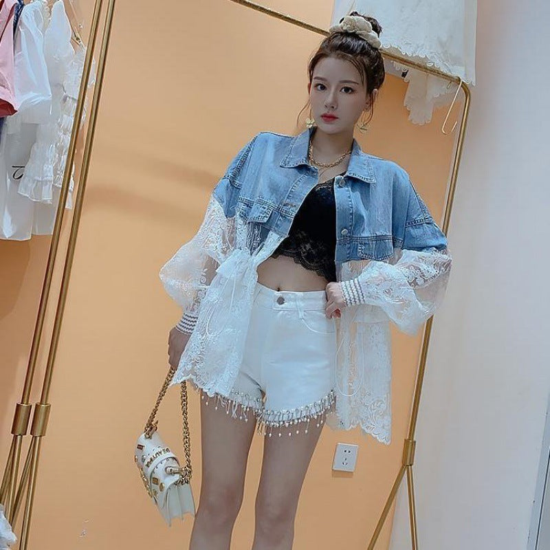 Thin Jean Stitching Embroidery Lace Loose Versatile Casual Coat